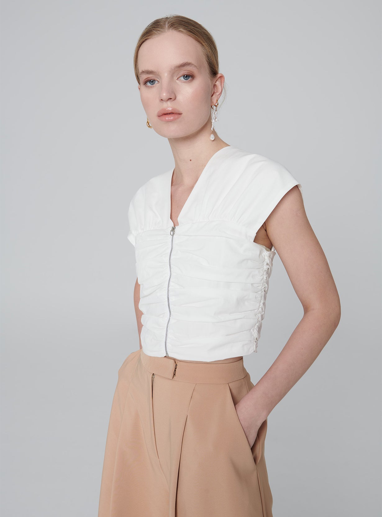 Poplin 2-Way Ruched Top