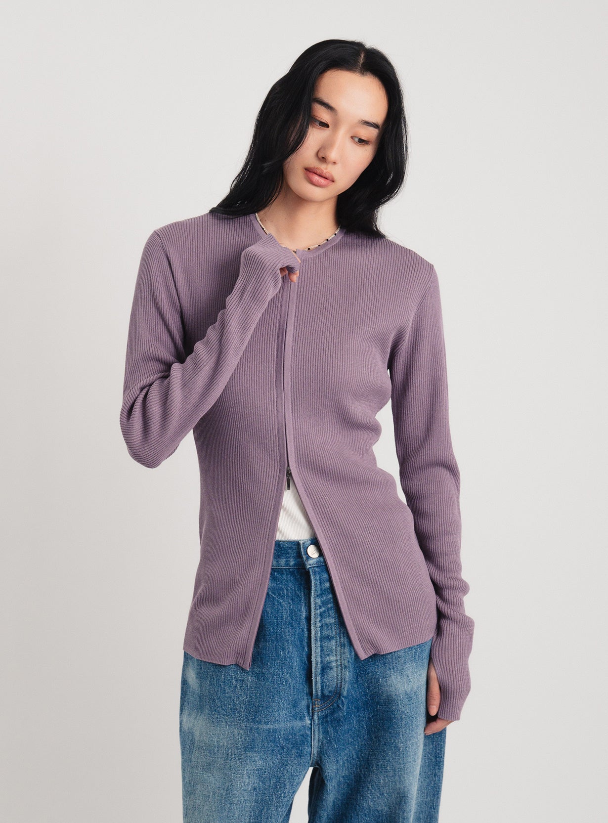 ジップアップリブニット