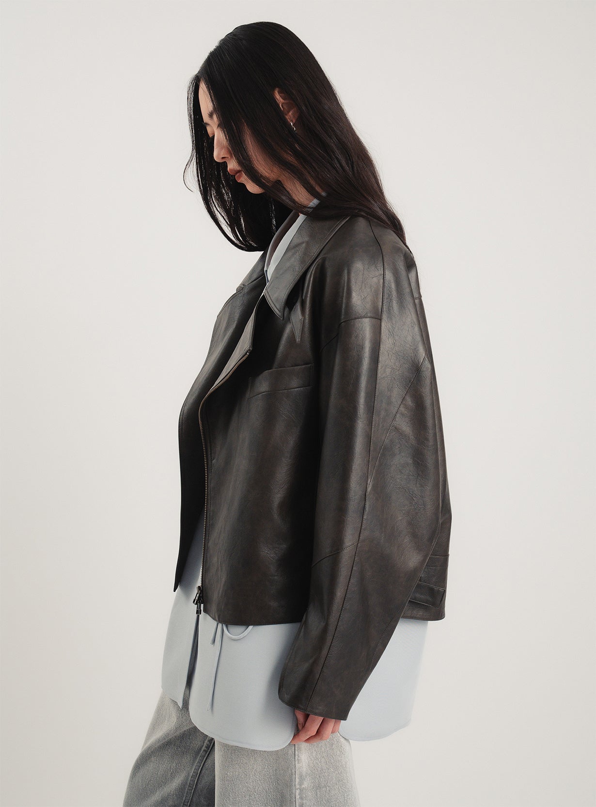 rフェイクレザーライダースブルゾン