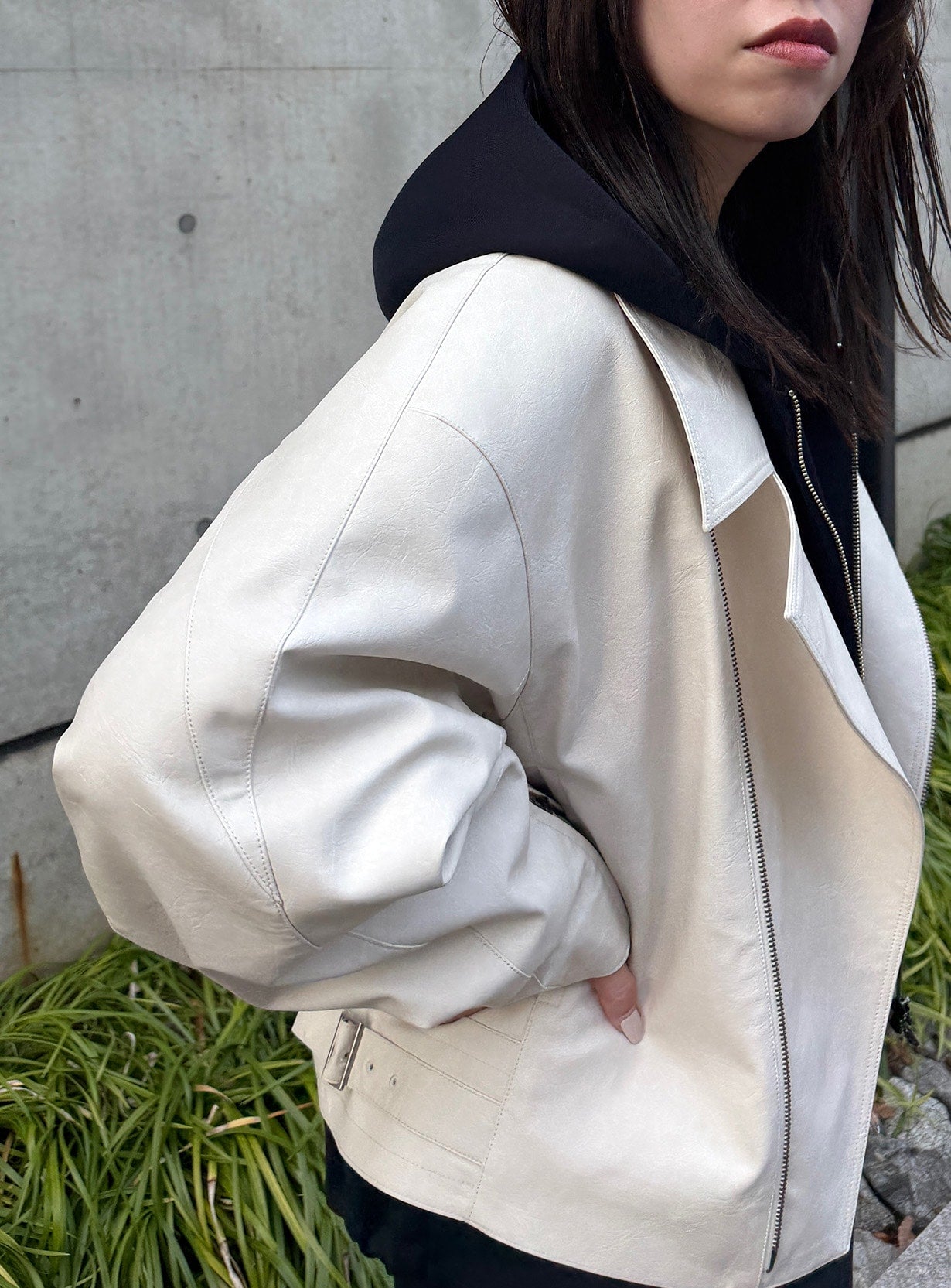 rフェイクレザーライダースブルゾン