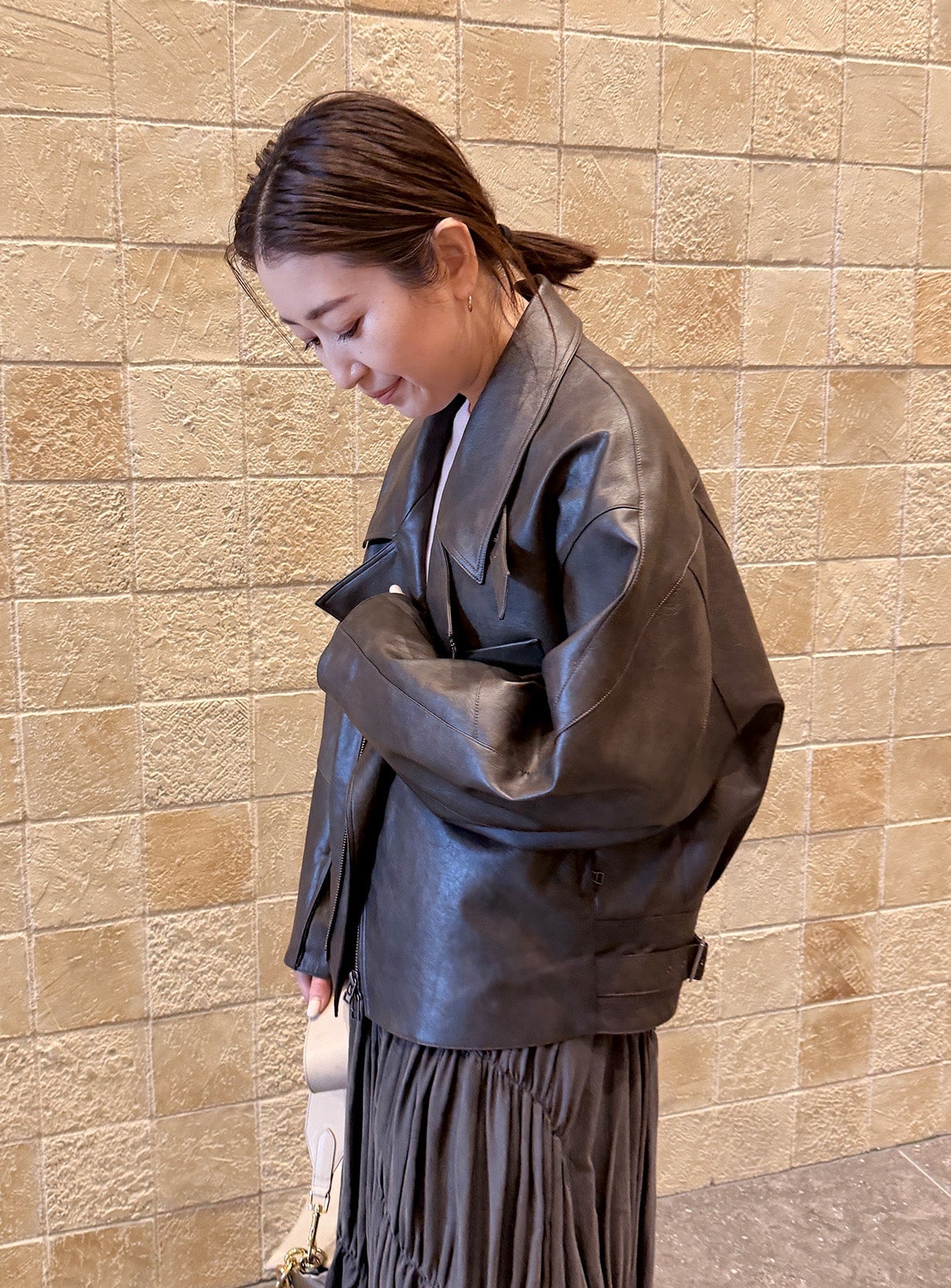 rフェイクレザーライダースブルゾン