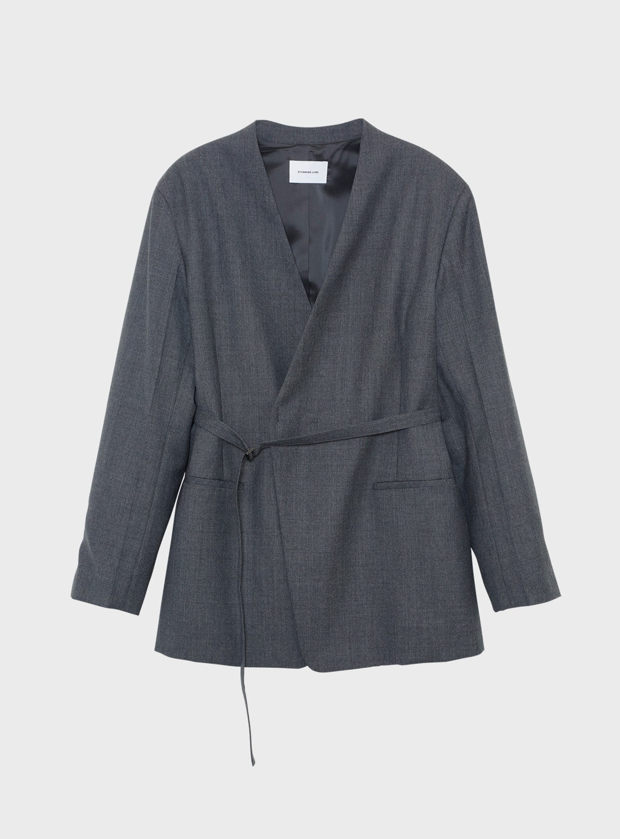 rベルテッドカラーレスジャケット