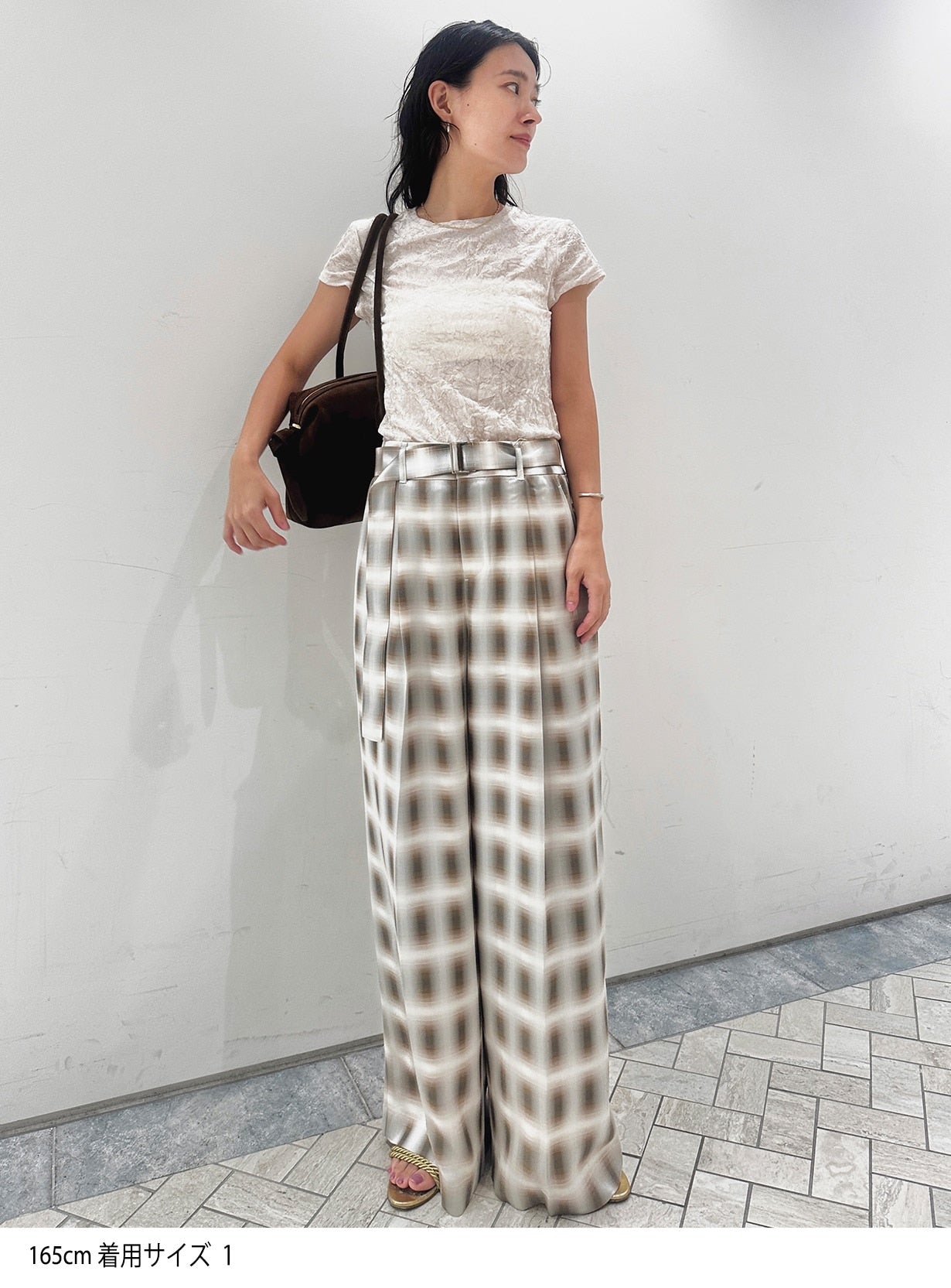 rベルテッドチェックワイドパンツ