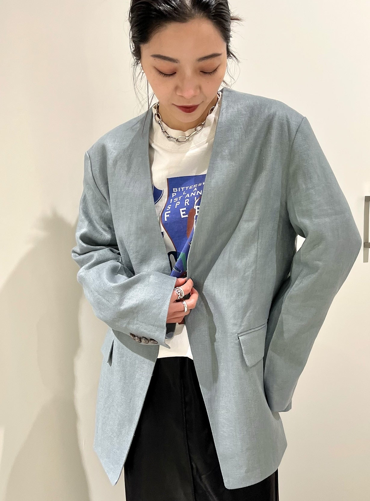 rリネンシングルカラーレスジャケット
