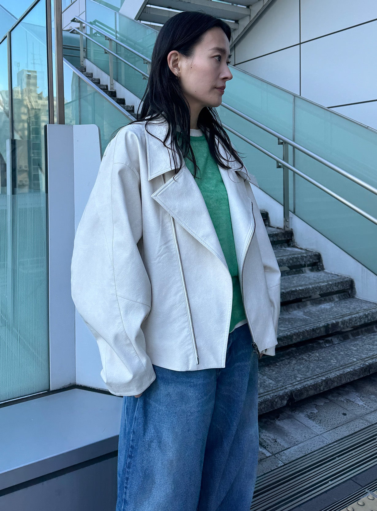 rフェイクレザーライダースブルゾン