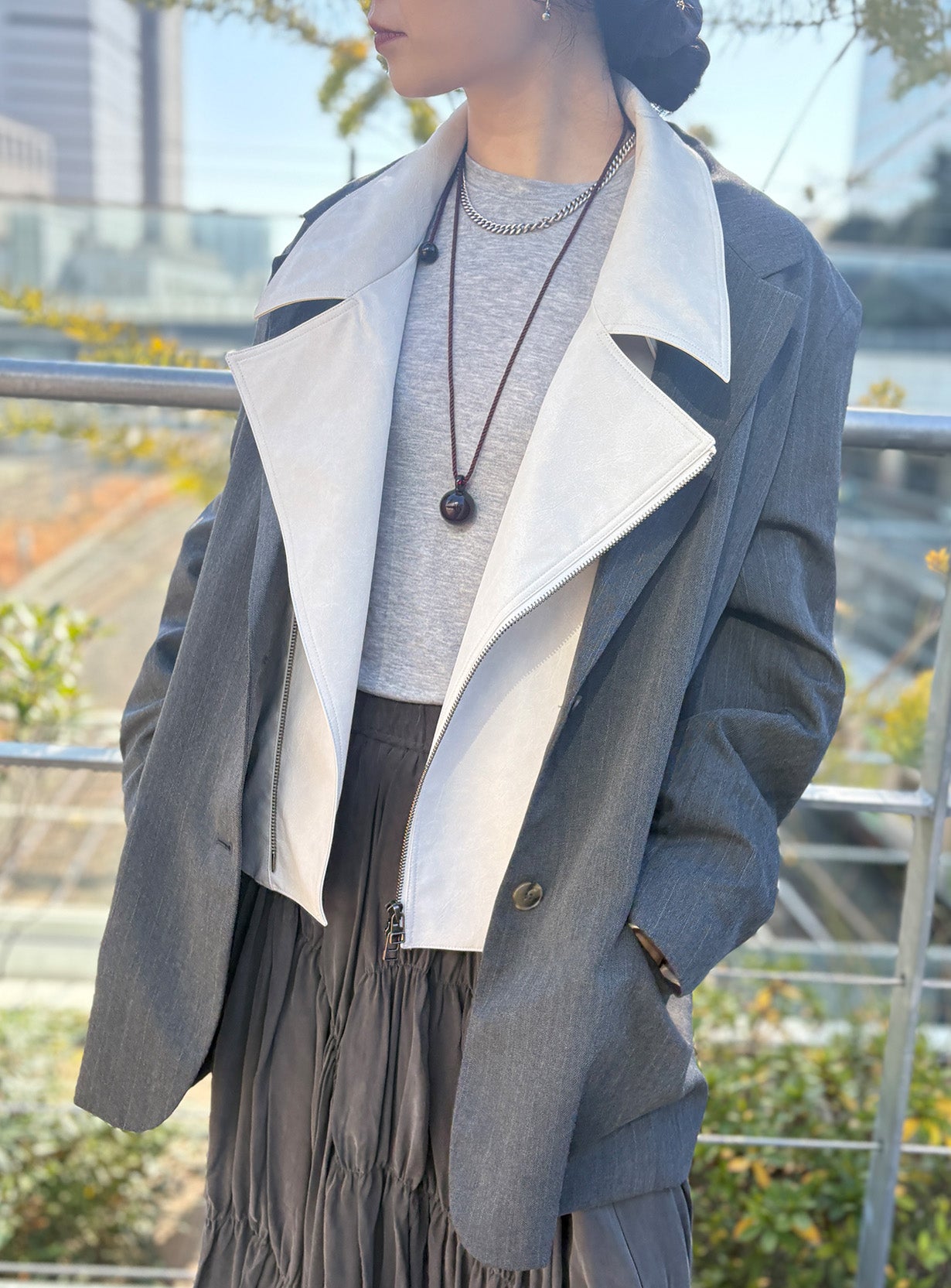 rフェイクレザーライダースブルゾン