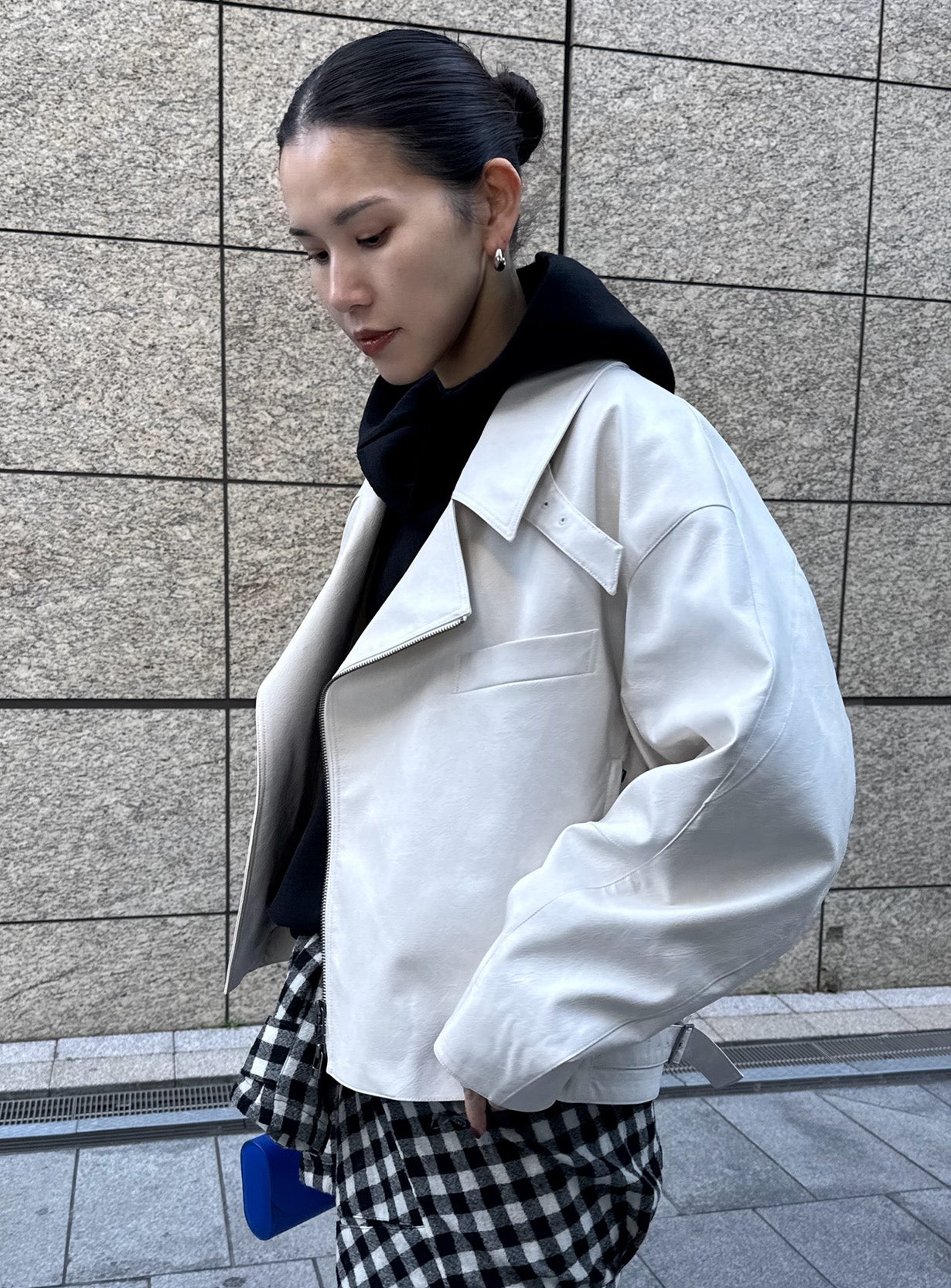 rフェイクレザーライダースブルゾン