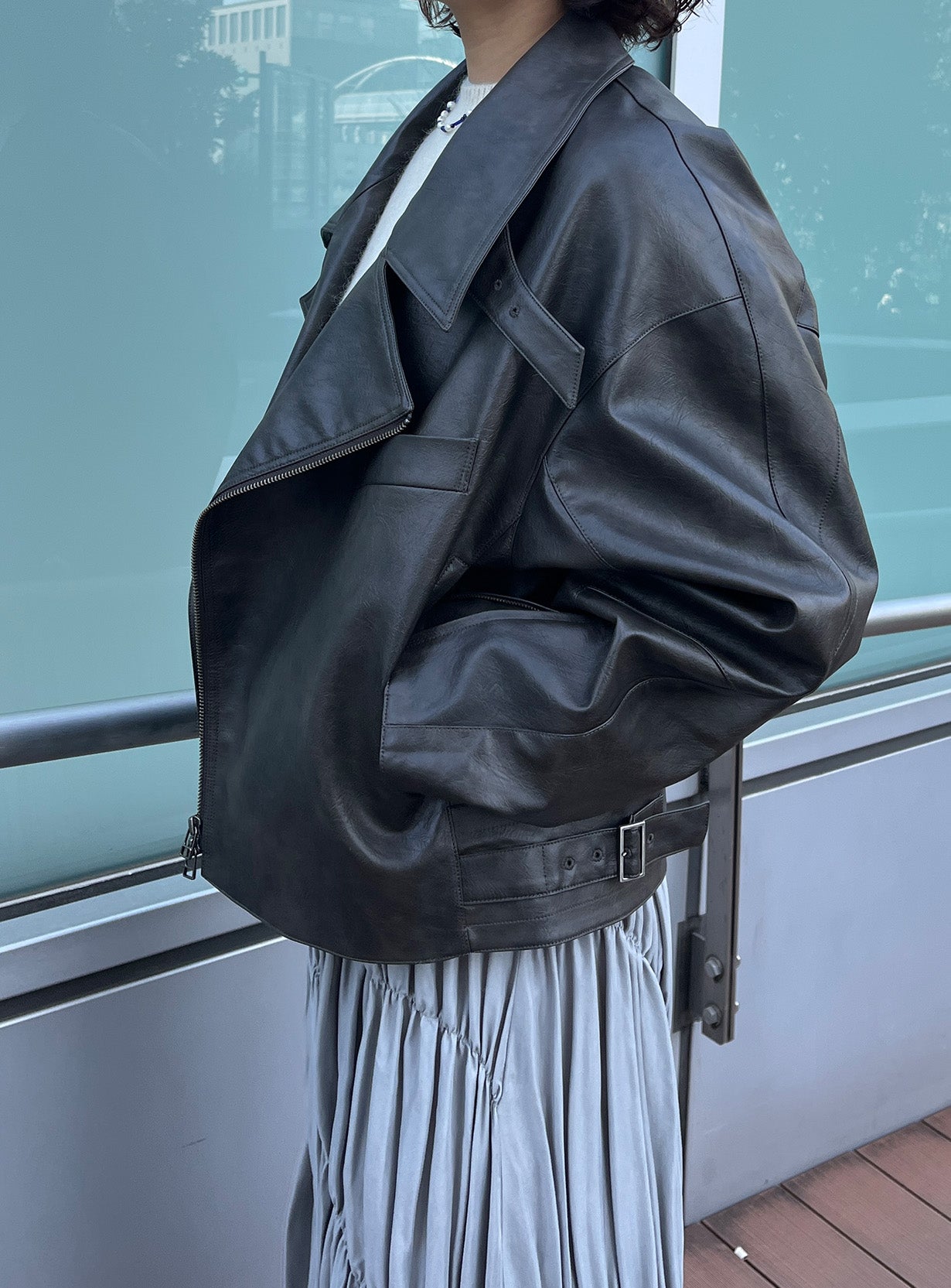 rフェイクレザーライダースブルゾン