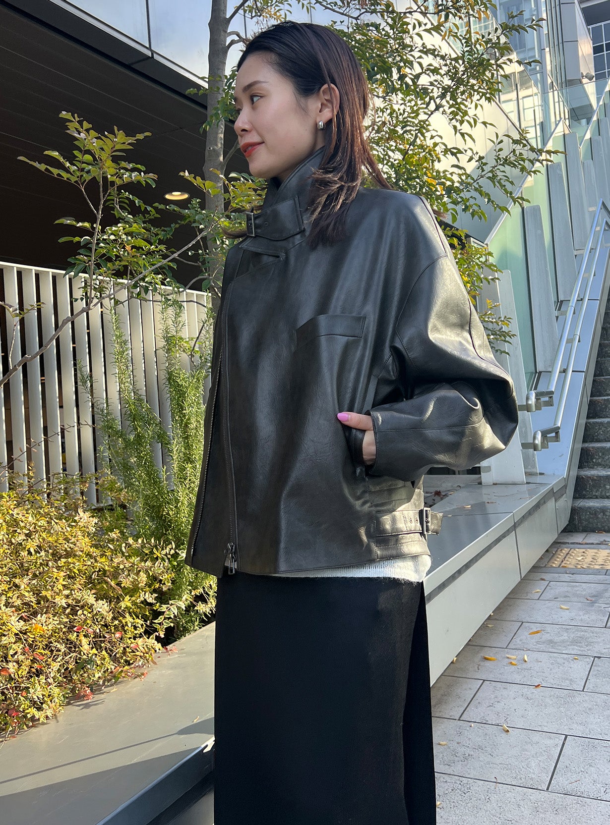 rフェイクレザーライダースブルゾン