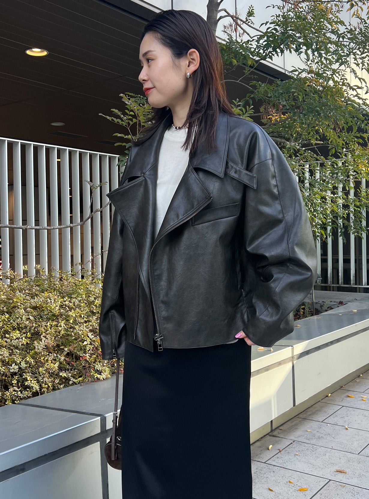 rフェイクレザーライダースブルゾン