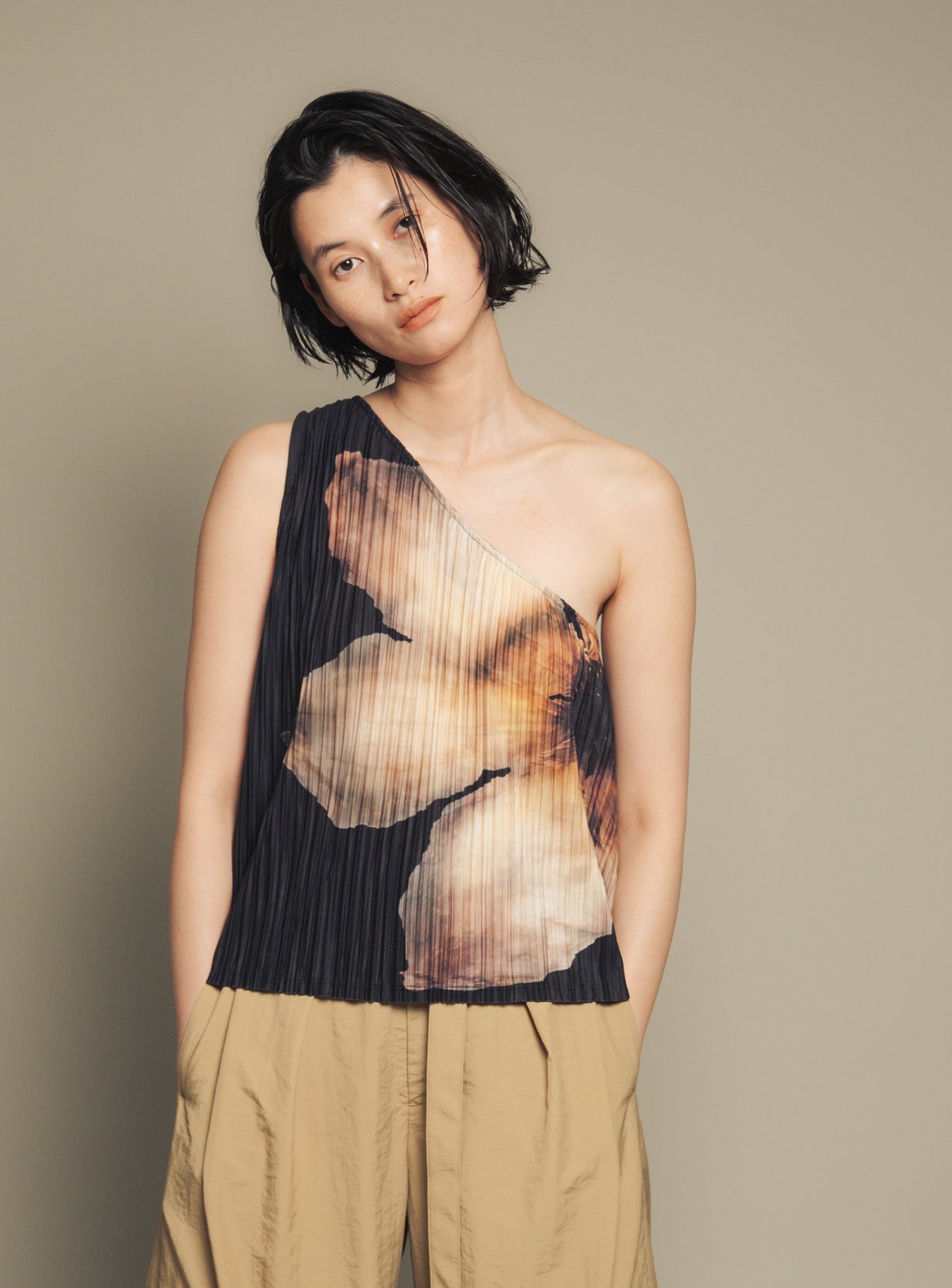 One-Shoulder Pleated Floral Top