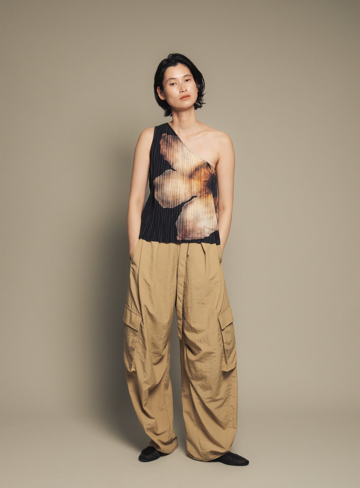 One-Shoulder Pleated Floral Top